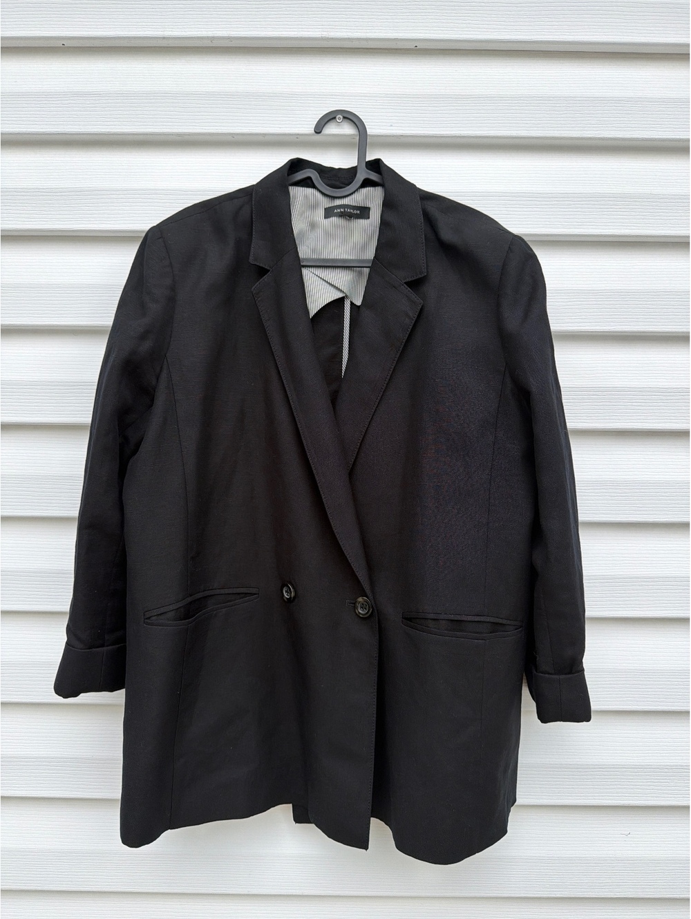Ann Taylor Women’s Black Double Breasted Long Blazer Jacket Size Unknown